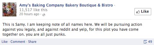 Amy's Baking Company Facebook Post